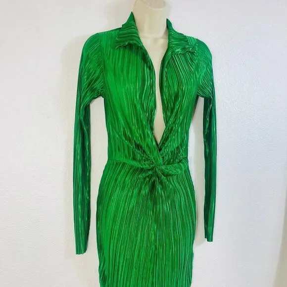 Missguided Womens Plisse Twist Front Plunging Long Sleeve Mini Dress Sz 2 Green - Picture 12 of 13
